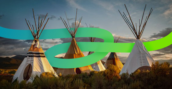 A collection of teepees with a swoosh of blue and green weaving between them